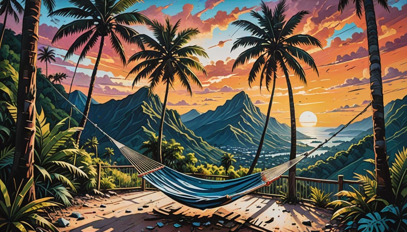 Sunset Hammock Serenity with Mountain Cabin and Clouds