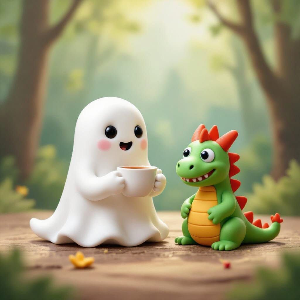 Adorable Clay Ghost and Dragon Enjoying Tea