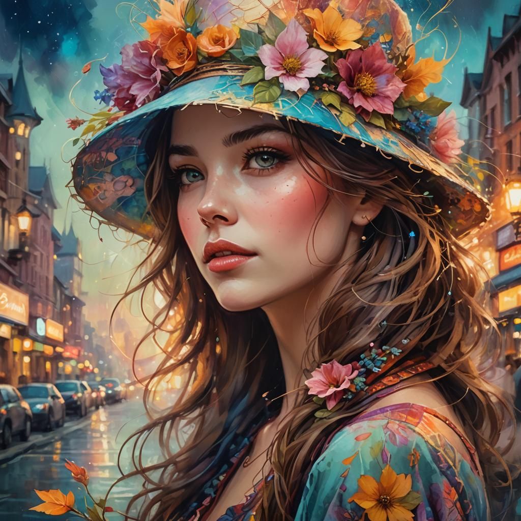 Woman with Floral Hat in Dreamscape Illustration