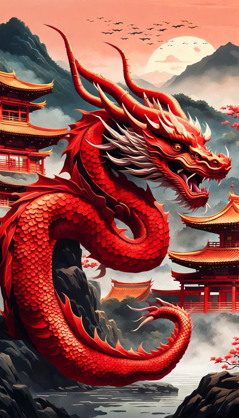 Asian Red Dragon Portrait in Ukiyo-e Style