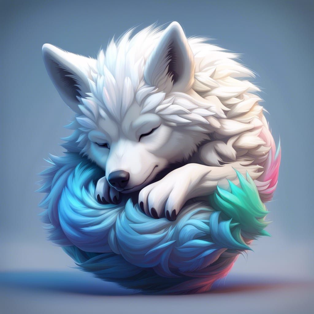 Cute White Baby Wolf Sleeping: Hyperdetailed Concept Art