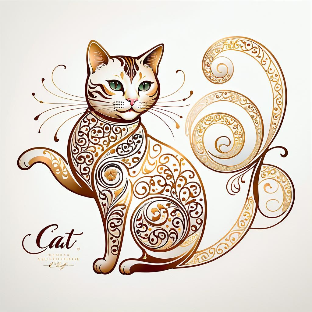 Calligraphic Cat in Swirling Brushstrokes