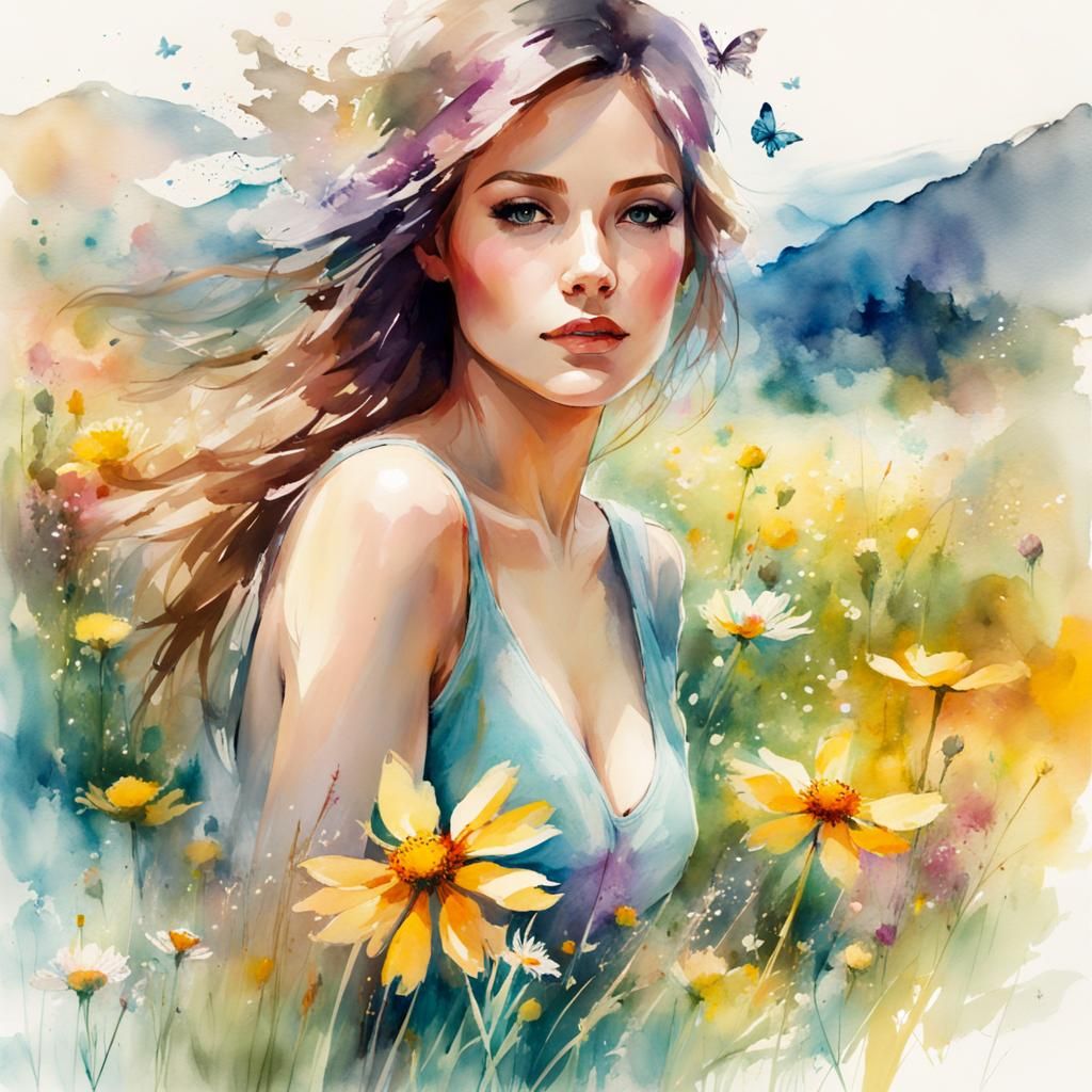 Digital watercolor Illustration of a beautiful woman in a fl...