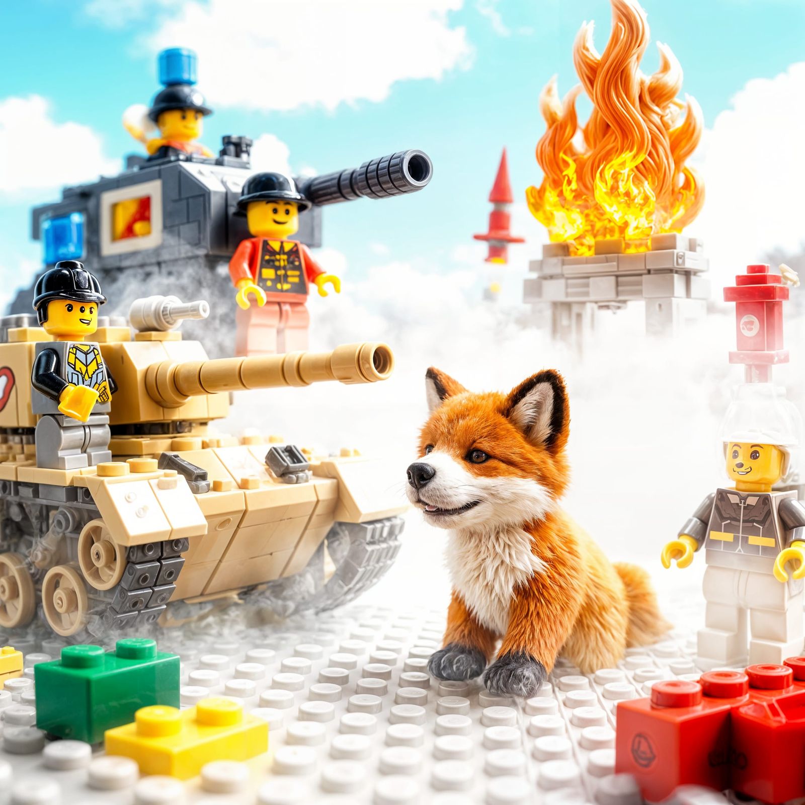 Cute Fox Battles Lego Army in Misty Landscape