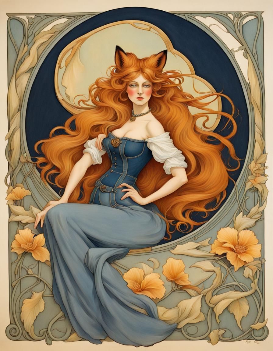 Art Nouveau Fox-Woman Portrait in Denim Overalls