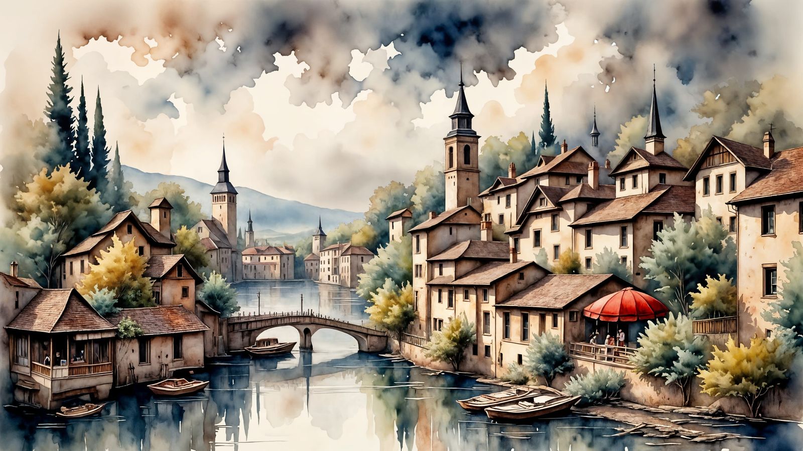 Medieval Town in Clouds, Antique Watercolor Style