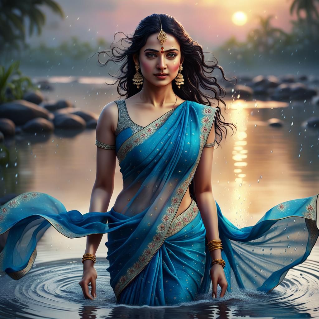 Indian Model in Blue Saree at Sunset: Detailed Portrait