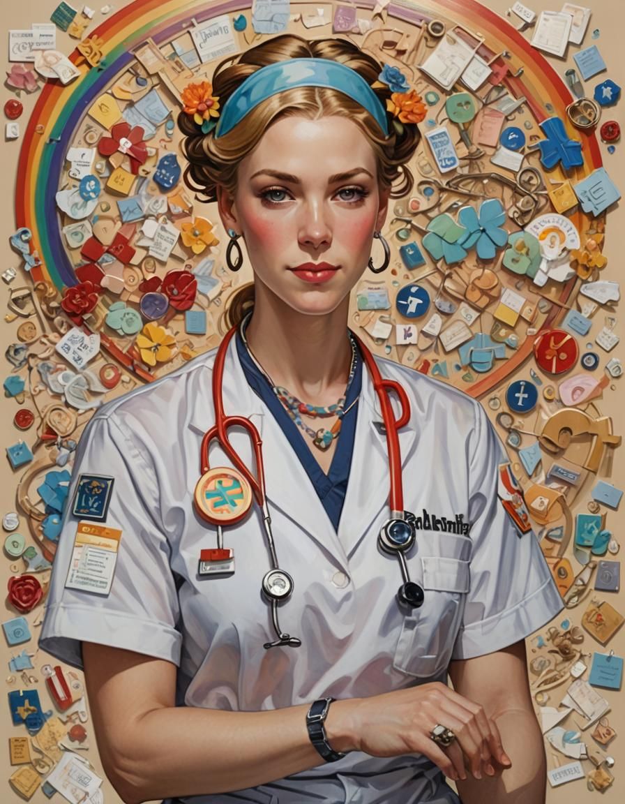 Art by J.C. Leyendecker, a medical professional in scrubs adorned with rainbow pins and a subtle trans symbol necklace, ...