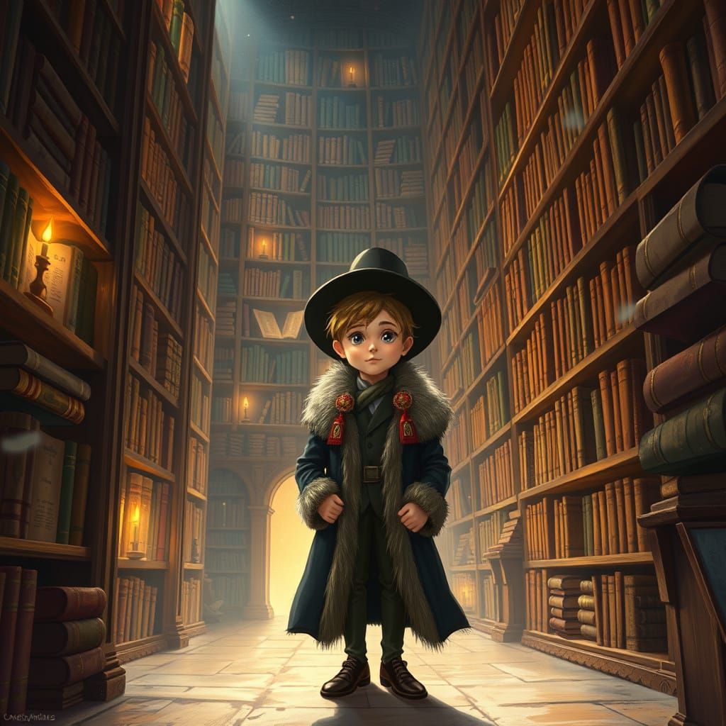 Boy in Ancient Library, Storybook Illustration