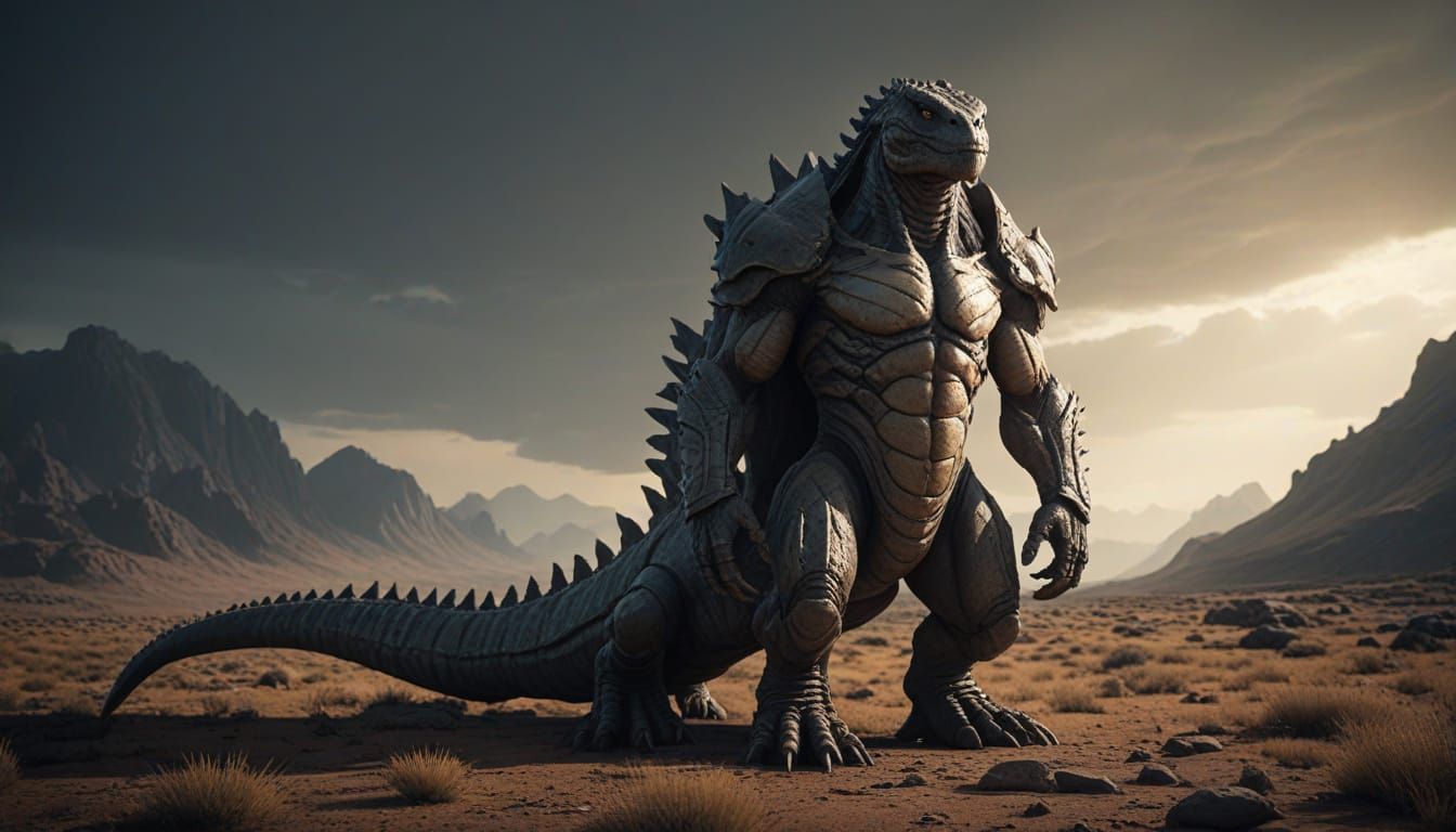 Cyberpunk Reptilian Centaur in a Rugged Landscape