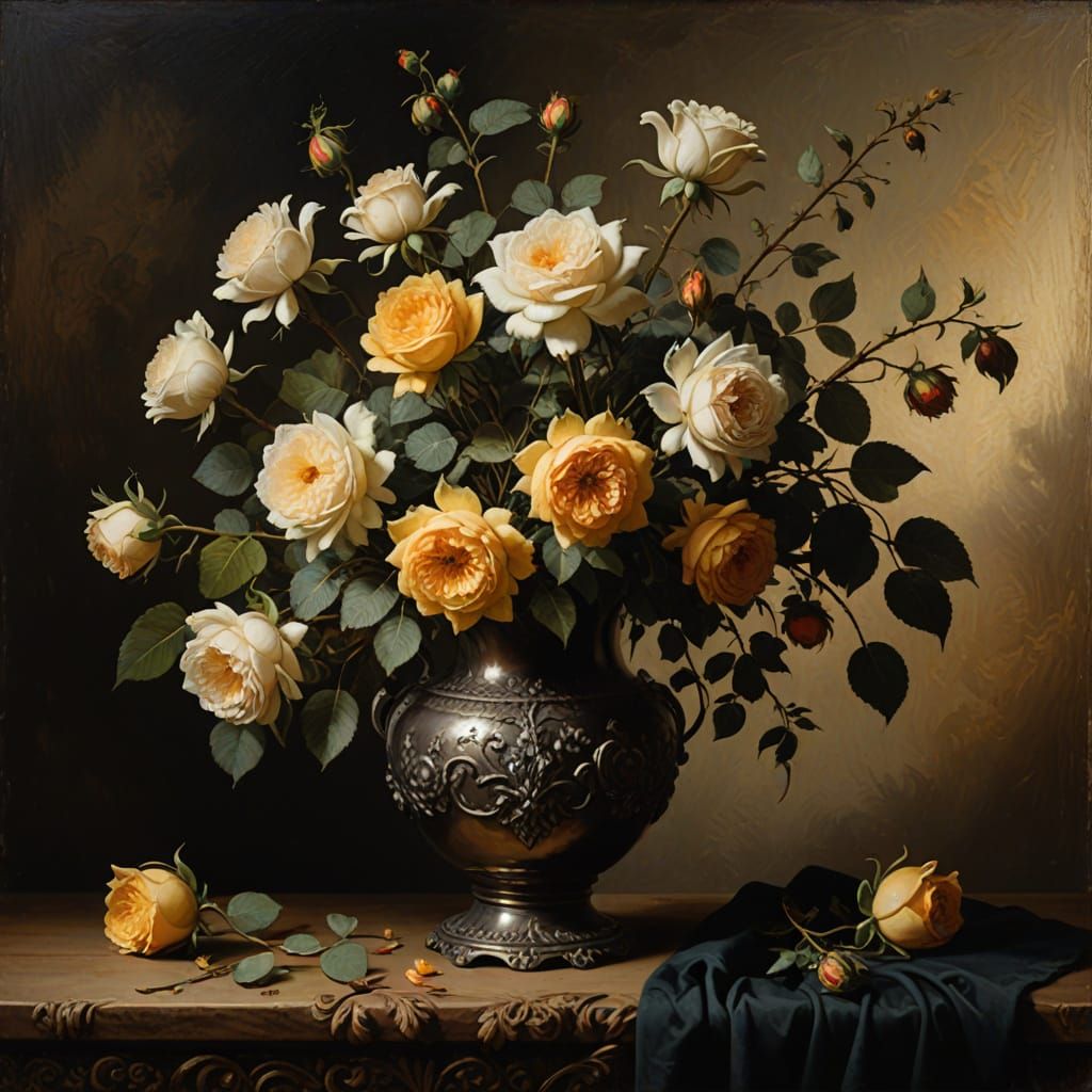 Silver Roses in Dark Bronze Vase, in the Style of Rembrandt