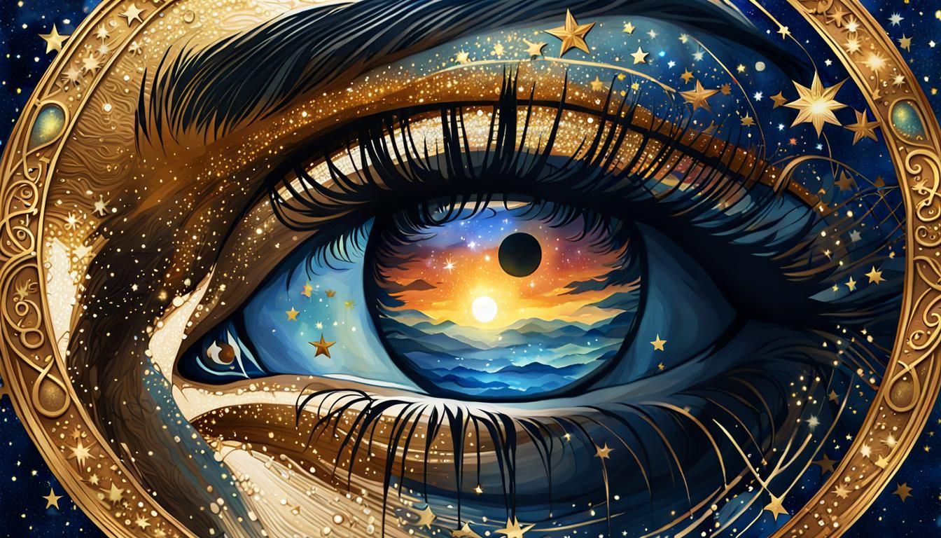 Eye Reflecting Sunset, Realistic Photography in Art Nouveau ...