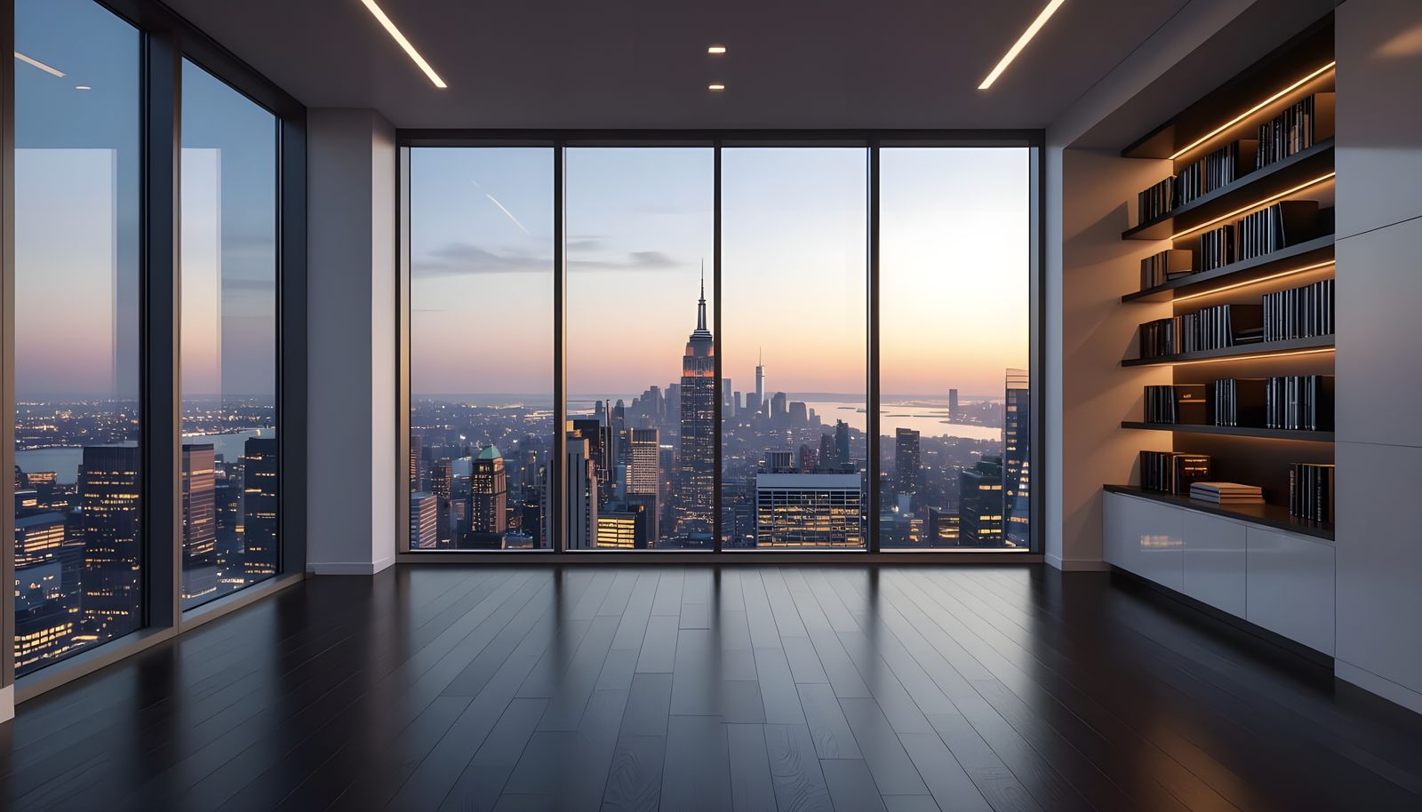 Modern Office with City View at Dusk