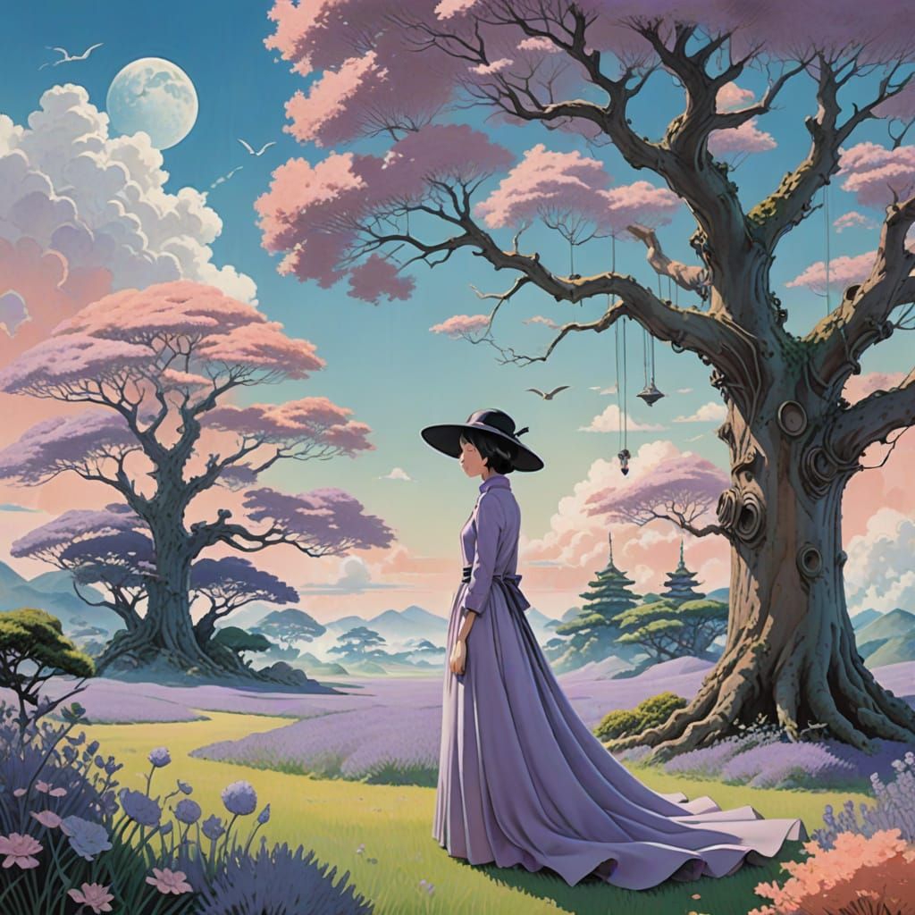 Surreal Pastel Dreamscape with Woman and Gear-Tree