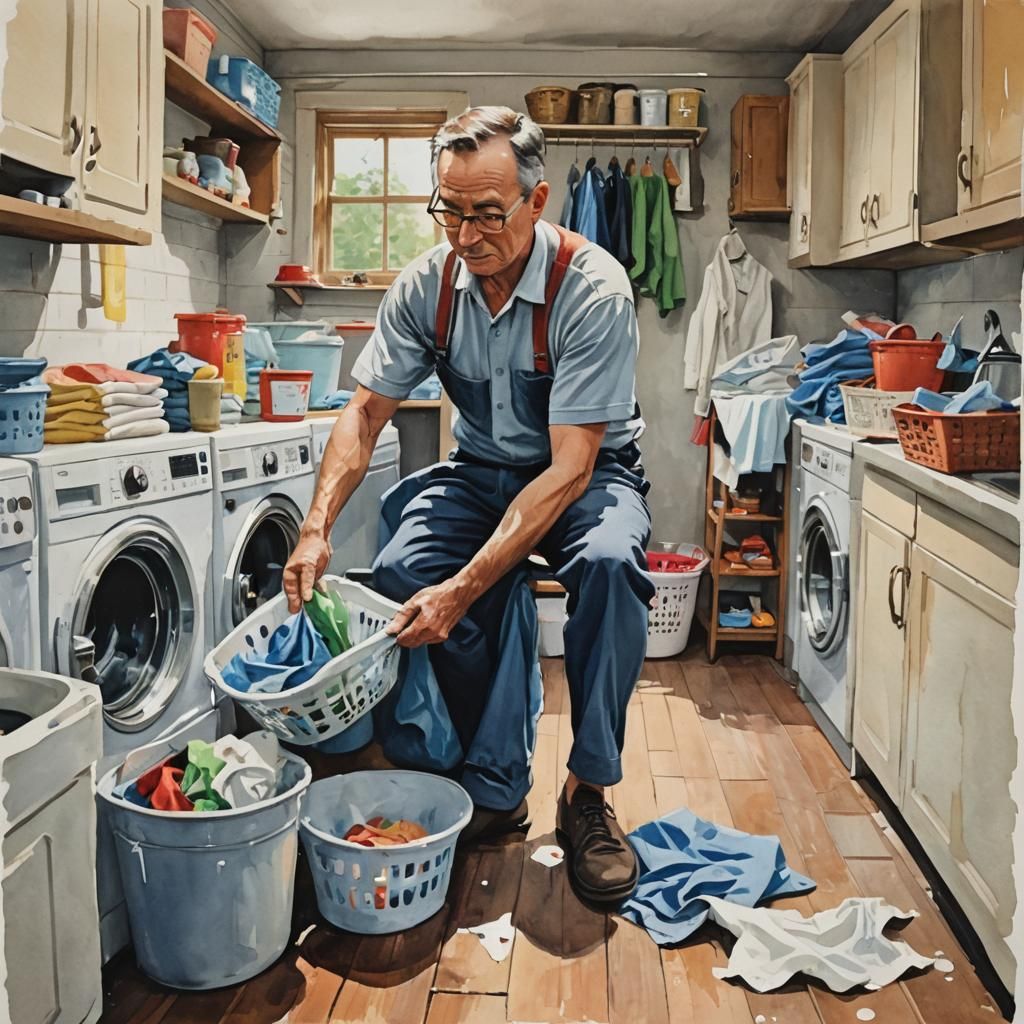 Detailed Gouache Painting of Dad Doing Laundry