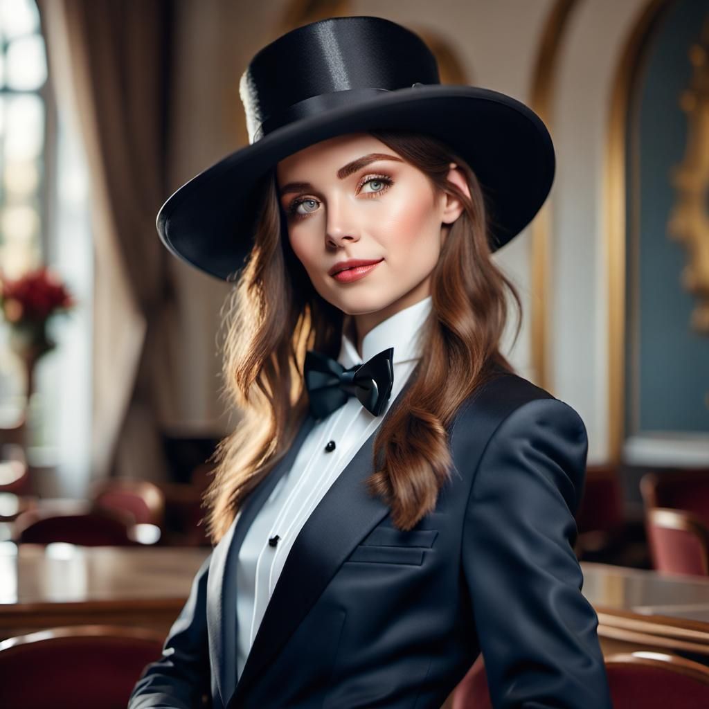 Brunette in White Tuxedo and Top Hat, 8K Portrait