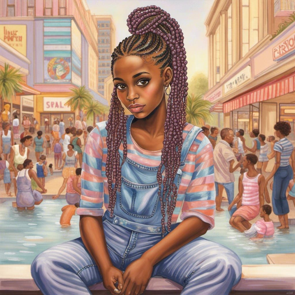 Glamorous Anime Poster of Young Woman on Fountain