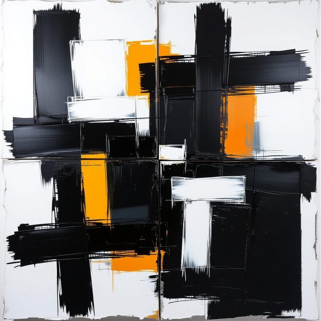 Abstract Expressionist Canvas Painting with Bold Black and W...