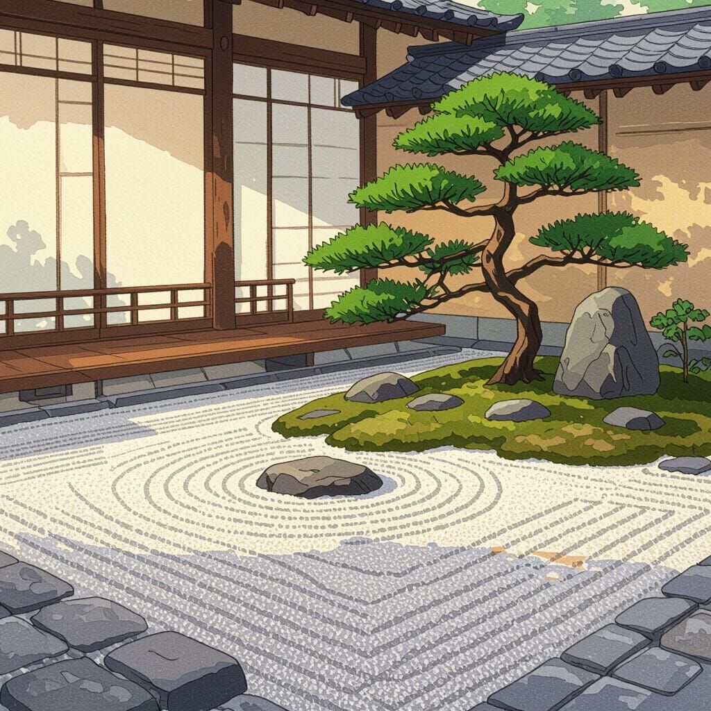 Peaceful Zen Garden in Japanese Woodblock Style