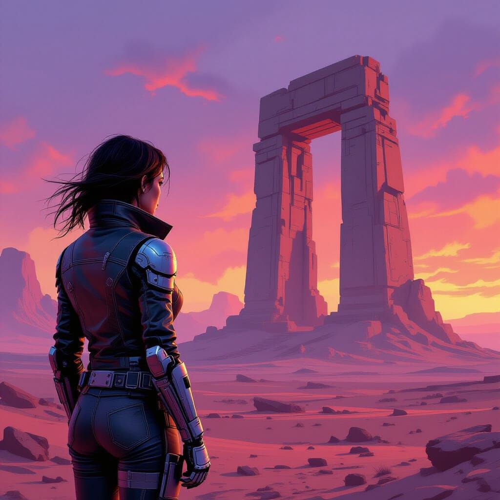 Cyborg Woman Gazes at Alien Ruin Under Binary Sunset