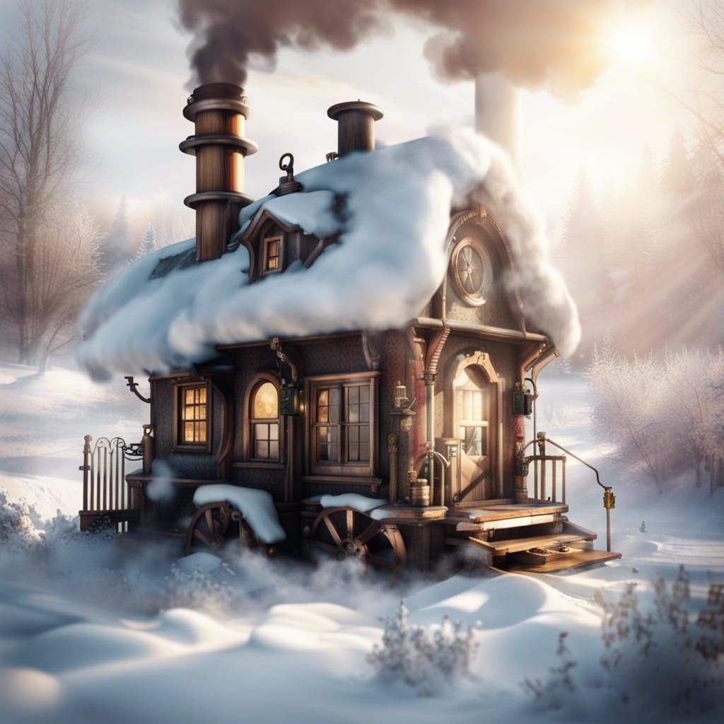 Steampunk Cottage in Frozen Winter Landscape