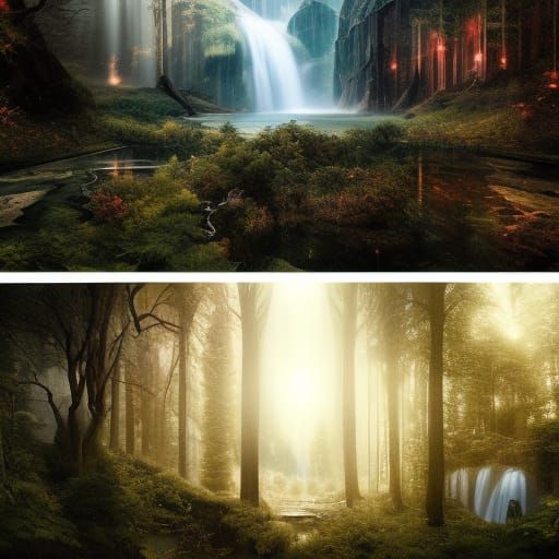 Surreal Waterfall Forest Scene in Digital Matte Painting