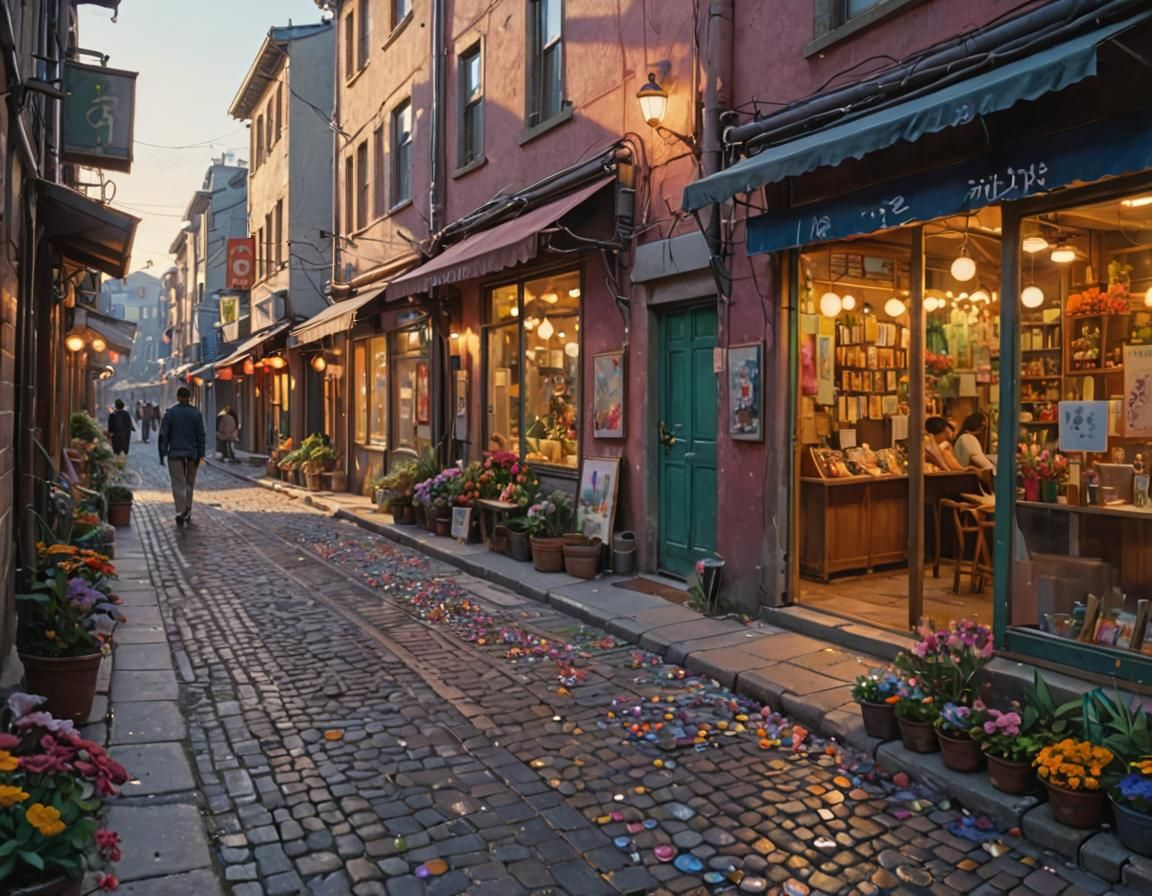 Sunset Street Scene in Vibrant Oil Painting Style