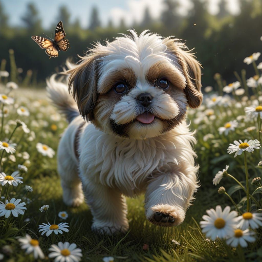 Cute Shih Tzu Puppy Chasing Butterfly in Daisy Field