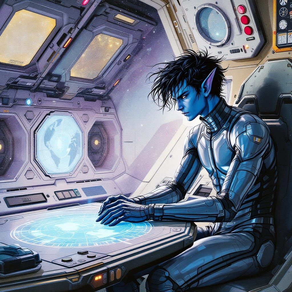 Surreal Space Elf Contemplates Cosmic Map in Cyberpunk Style