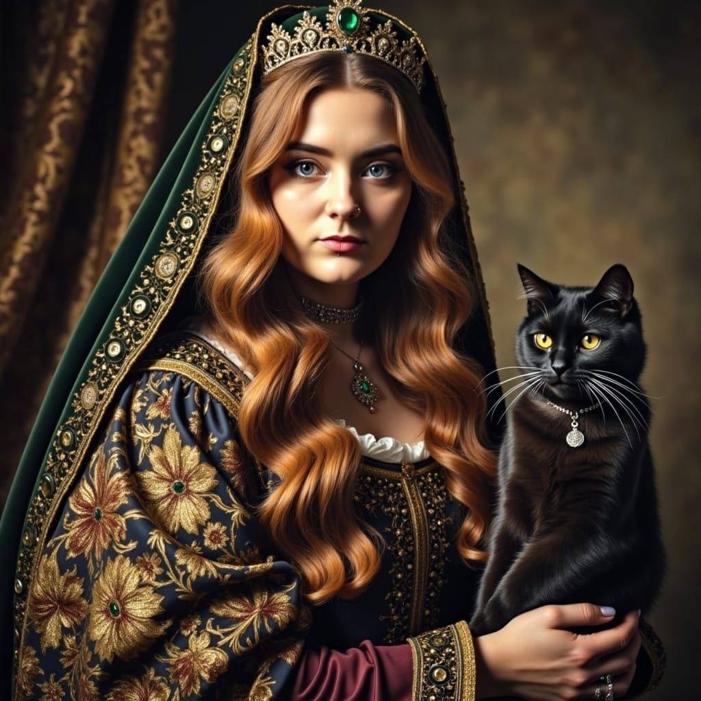 Medieval Queen with Black Cat in Dark Castle