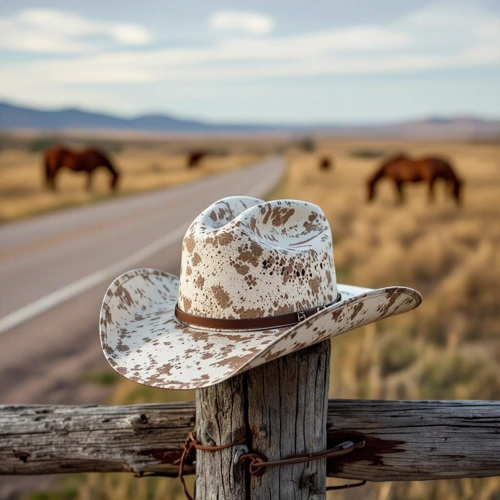 Weathered Stetson Hat on Fence Post with Horses