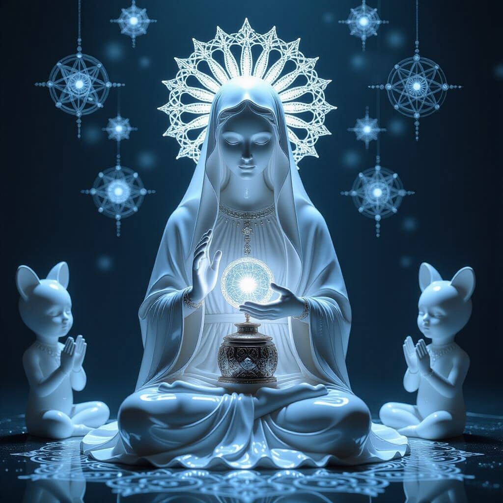 Chrome Madonna with Hybrid Creatures in Cosmic Chapel