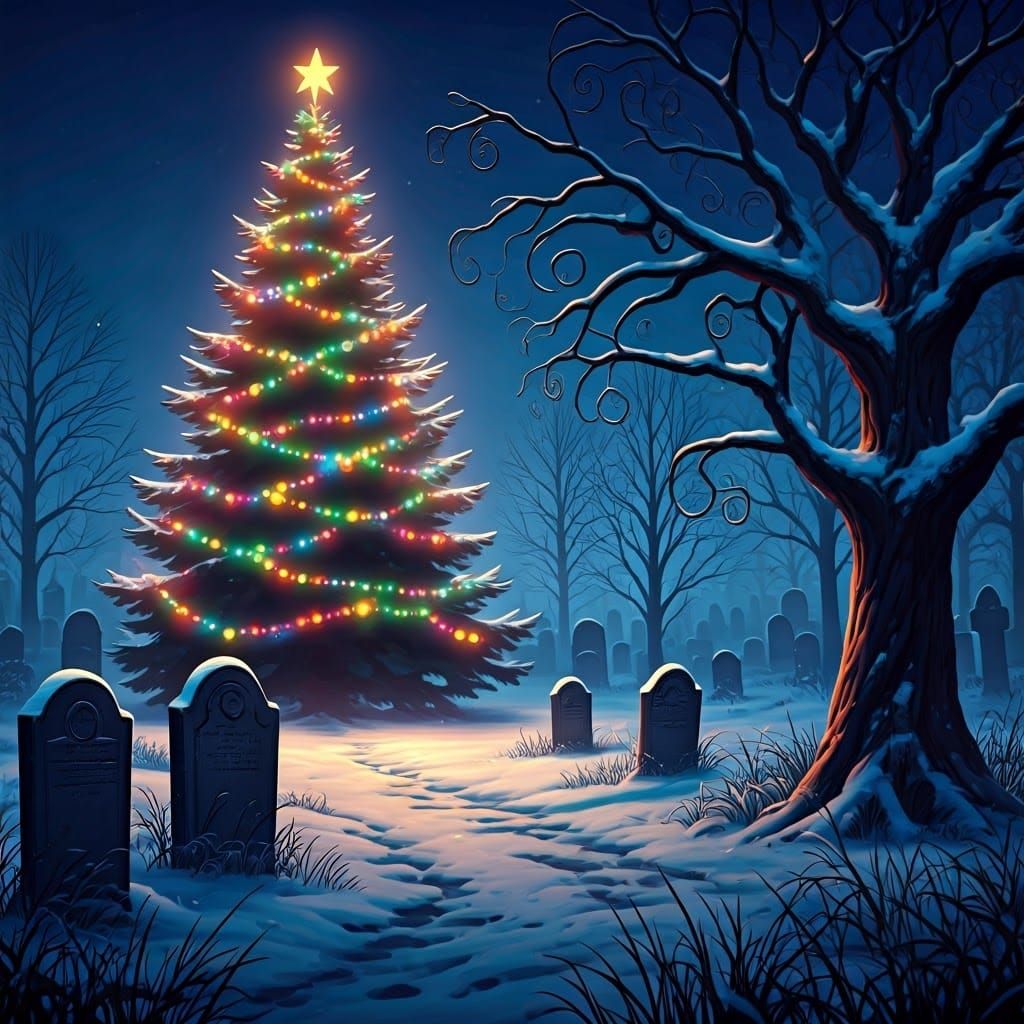 Moonlit Cemetery Christmas Tree in Digital Art Style