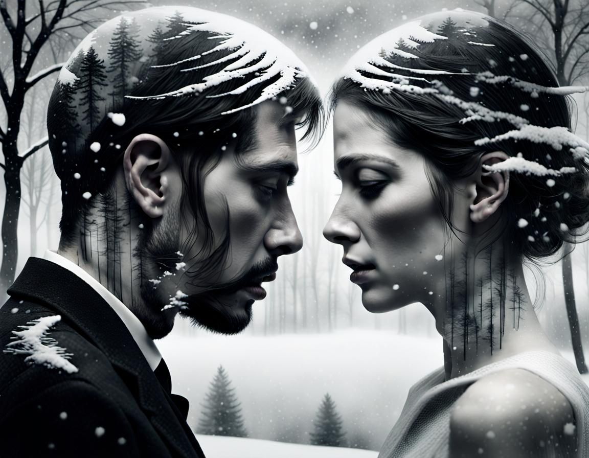 Dramatic Double Exposure of Lovers in Snow