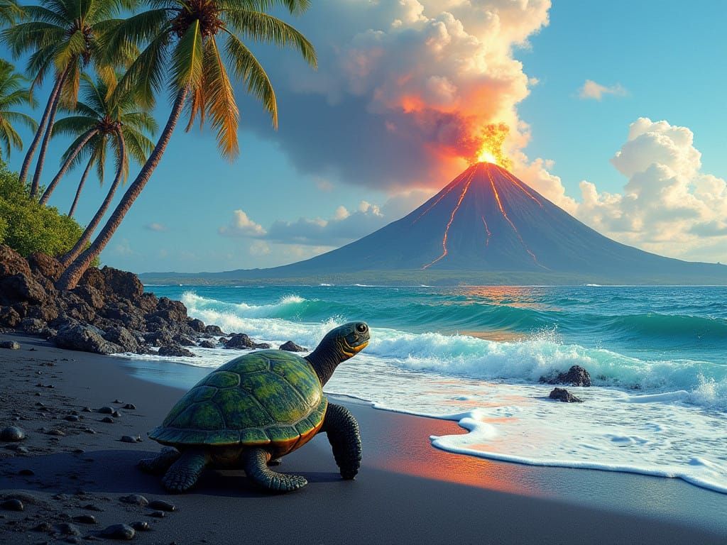 Majestic Green Sea Turtle Amid Volcanic Eruption on Black Sa...