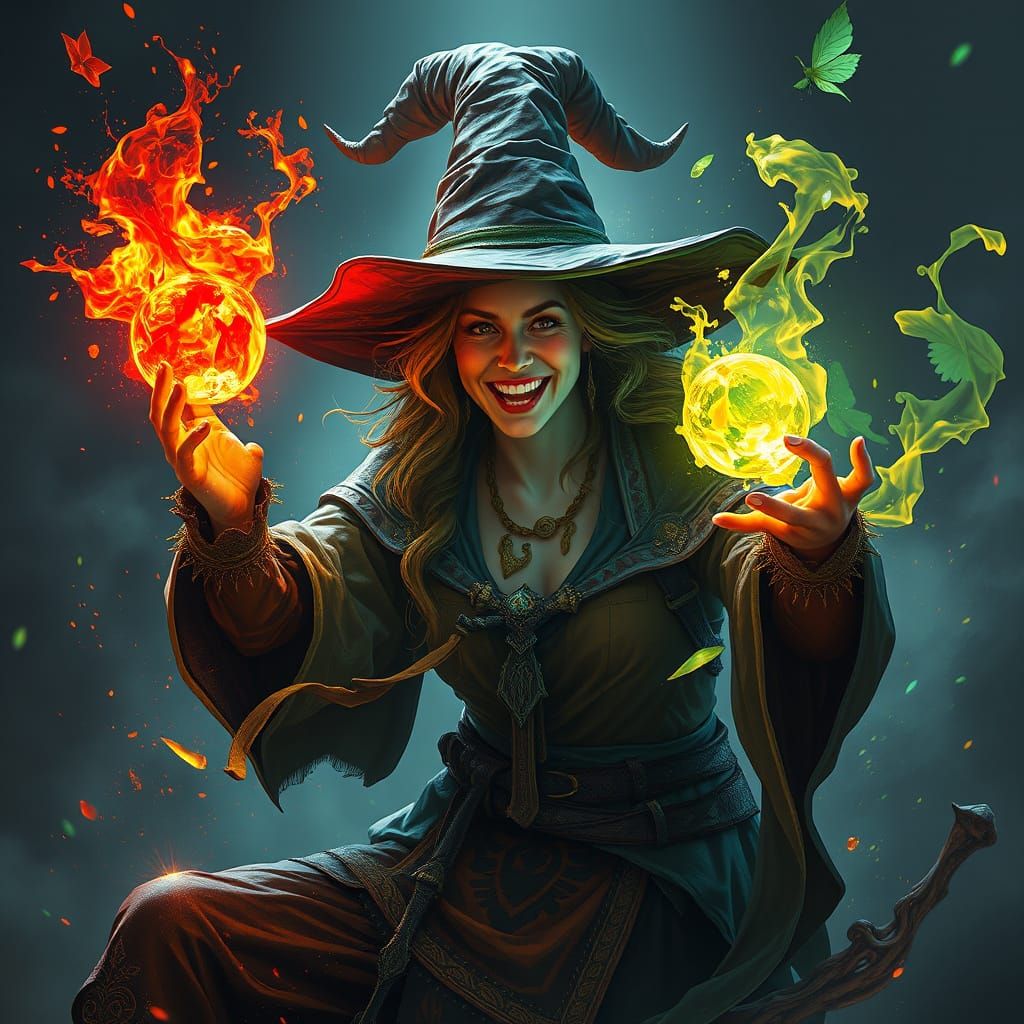 Surreal Fantasy Scene of a Witch Interacting with the Elemen...