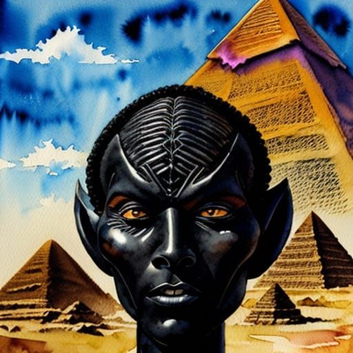 Alien Visits Ancient Egypt: Watercolor Style