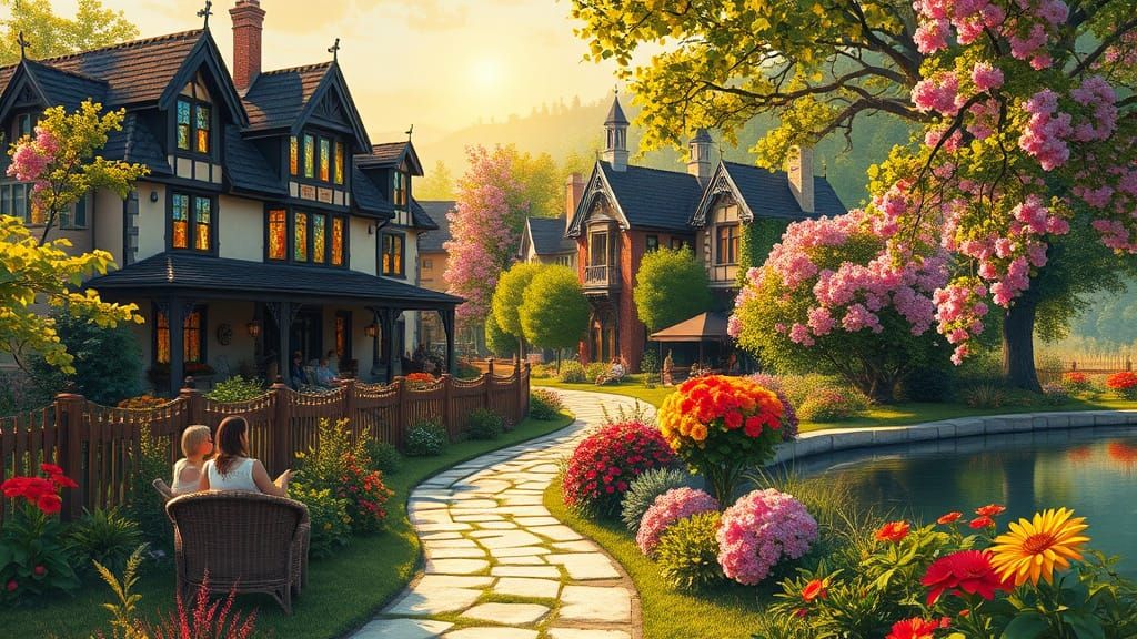 Idyllic Victorian Village in Serene Summer Landscape