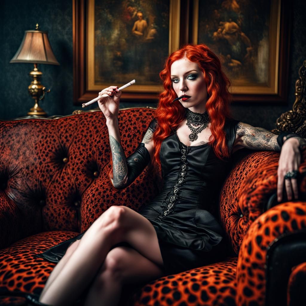 Hyperrealistic Goth Girl Smoking on Cheetah Couch
