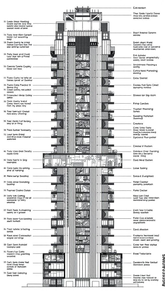 Biopunk Skyscraper Cross-Section Plans in Filmic Isometric S...
