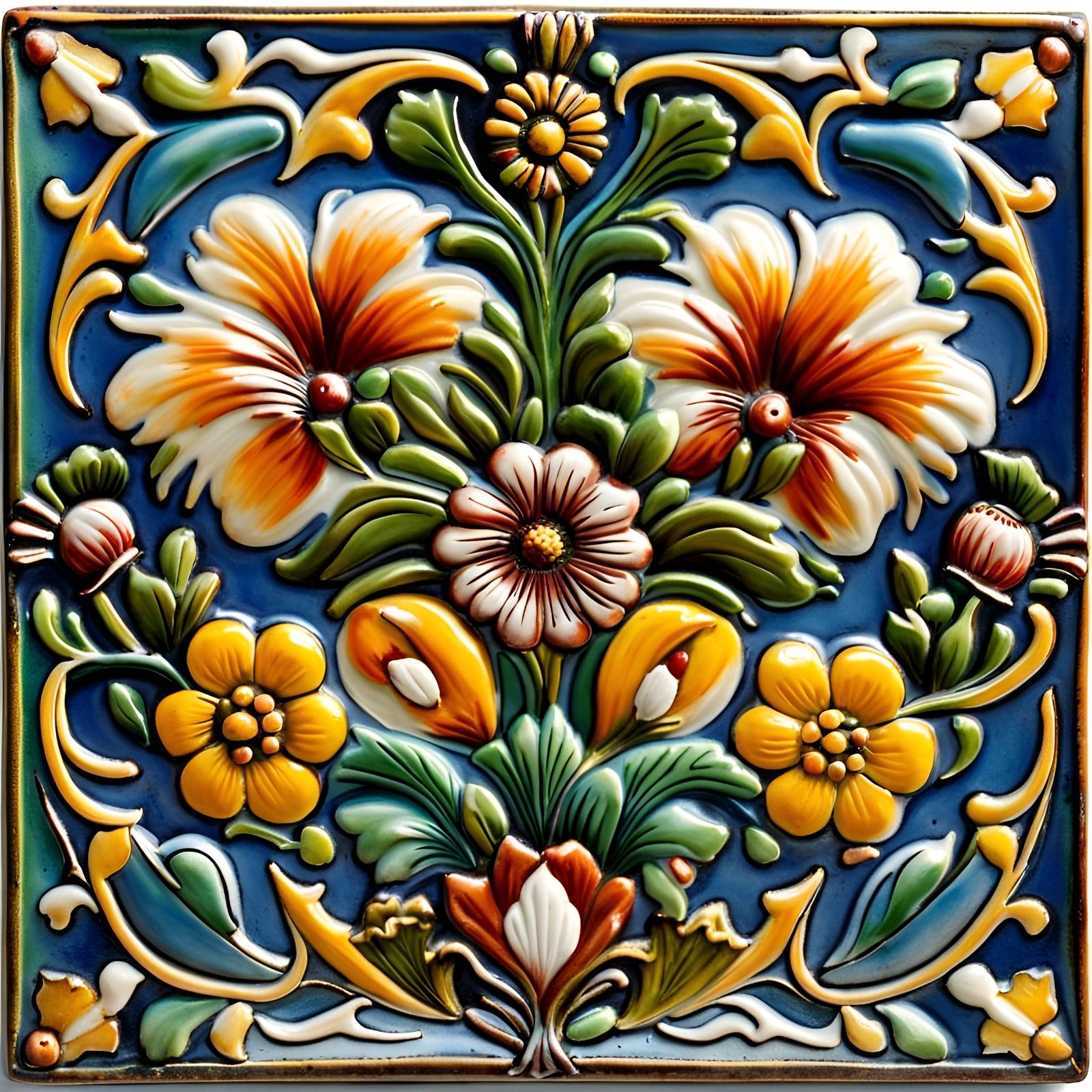 Tin-glazed Majolica Tile Molded in Relief