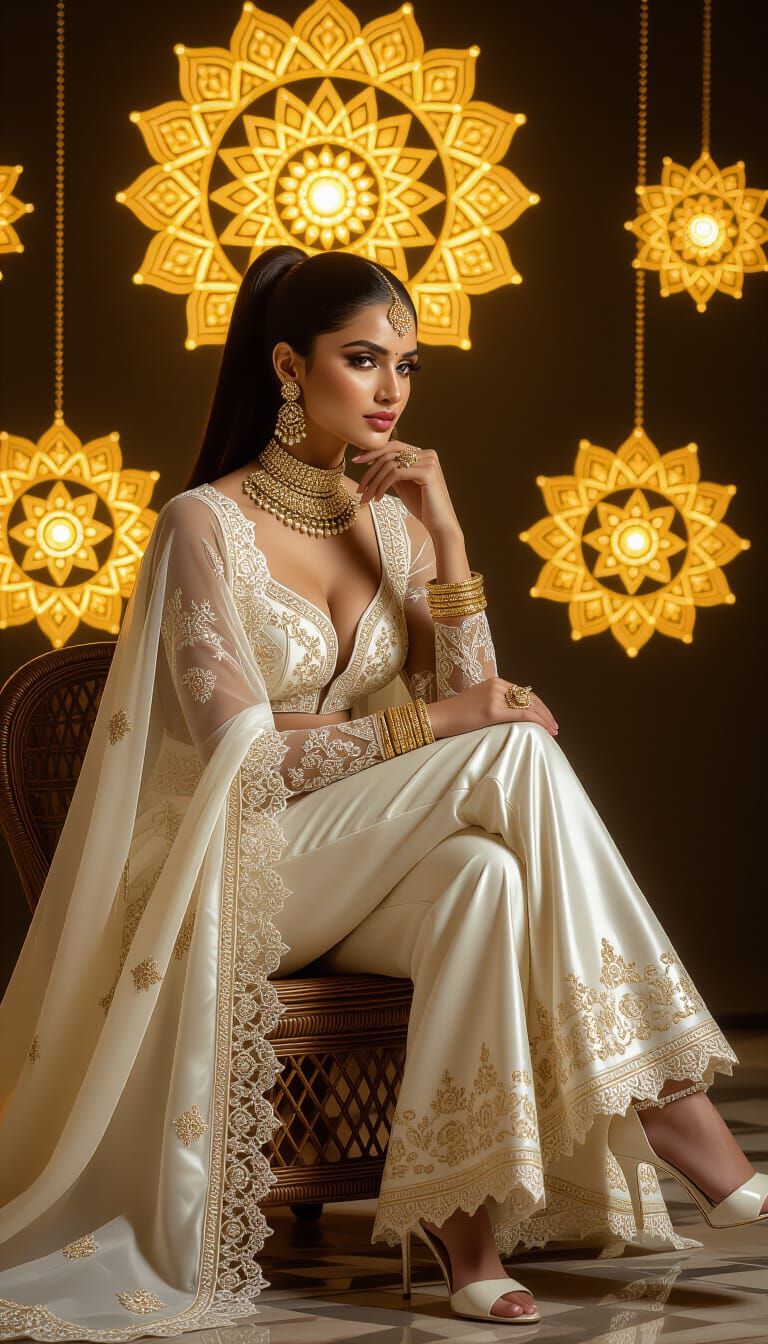 Indian Woman in Leather and Lace with Golden Mandalas