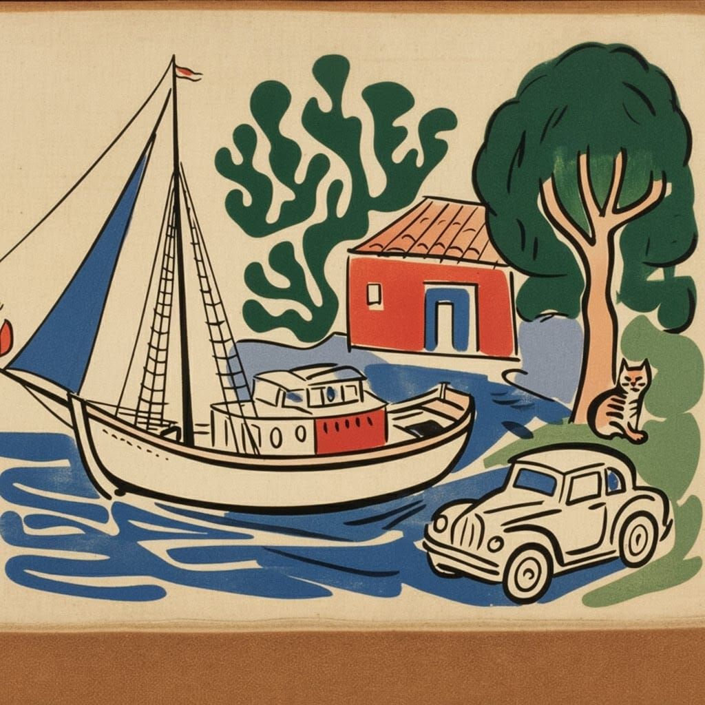 Boat, Car, House, Tree, Cat: Fauvist Composition