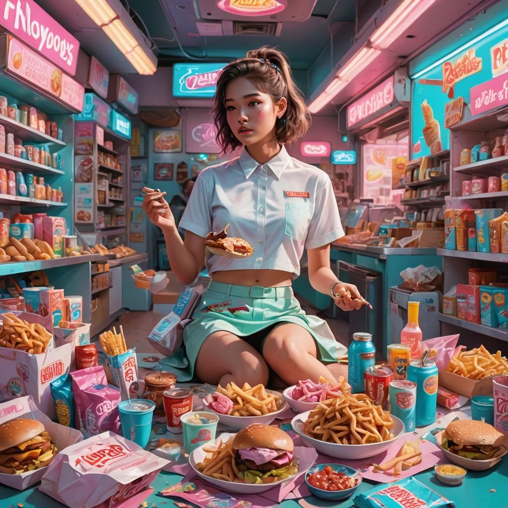 Woman Eating Junk Food in Fantasy Art Style
