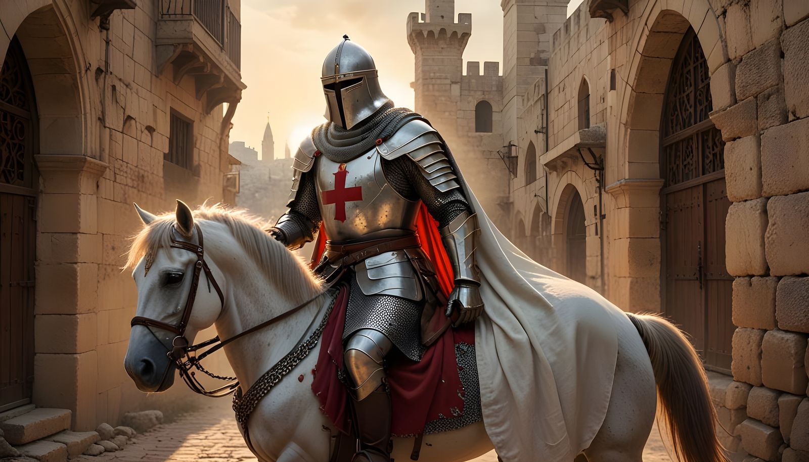 Knight Templar in 13th-Century Armour Rides Warhorse towards...