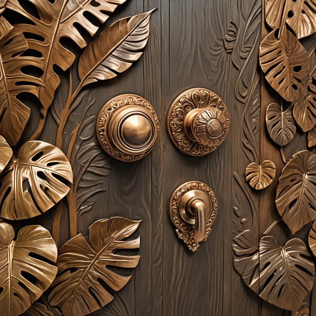 Copper Doorknob on Carved Door in Art Deco Style