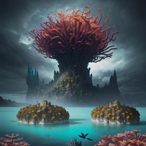 Surreal Floating Islands with Giant Flowers, Dali-Inspired