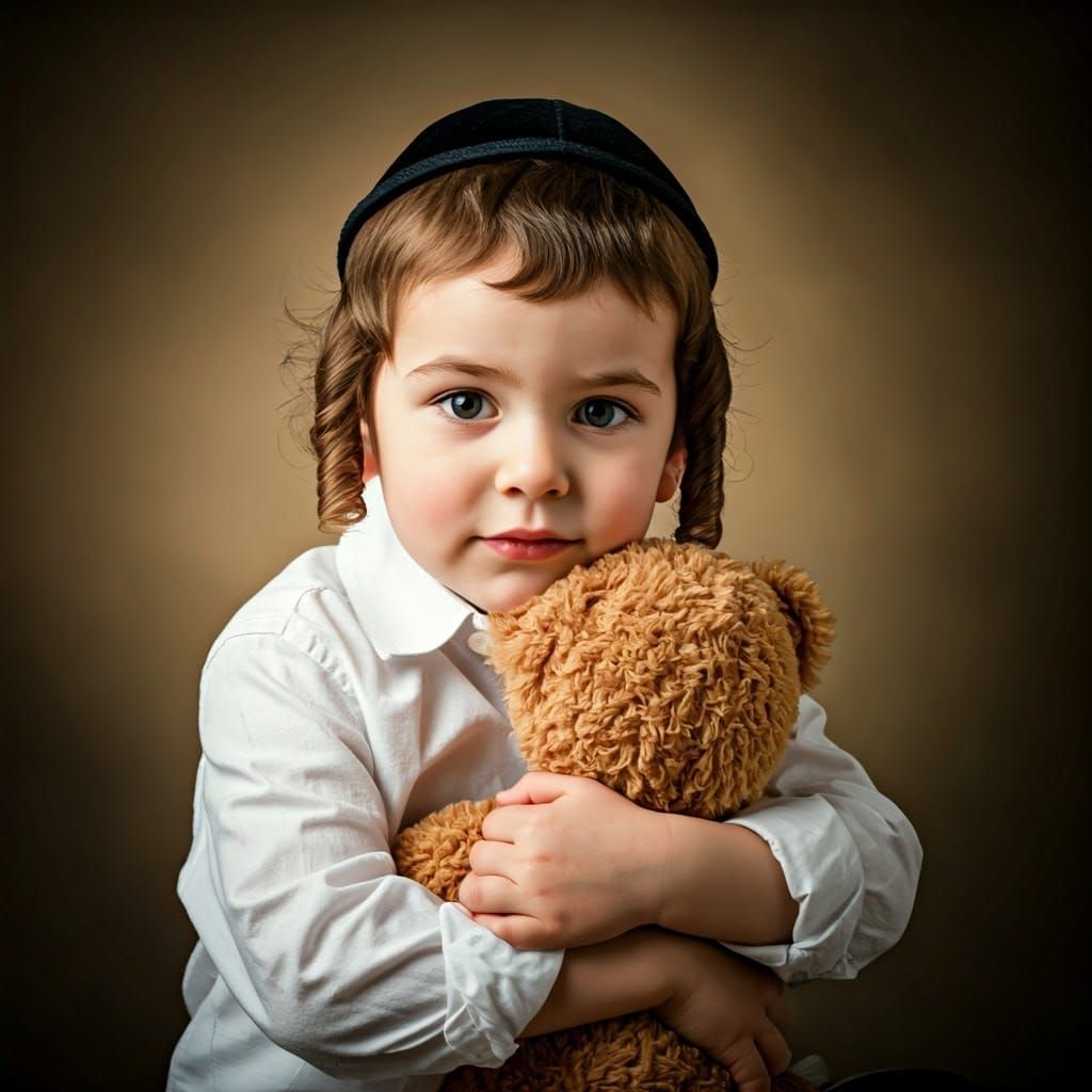 A Hasidic Jewish boy between 3, with a peyote, a button-down shirt, hugging his teddy bear