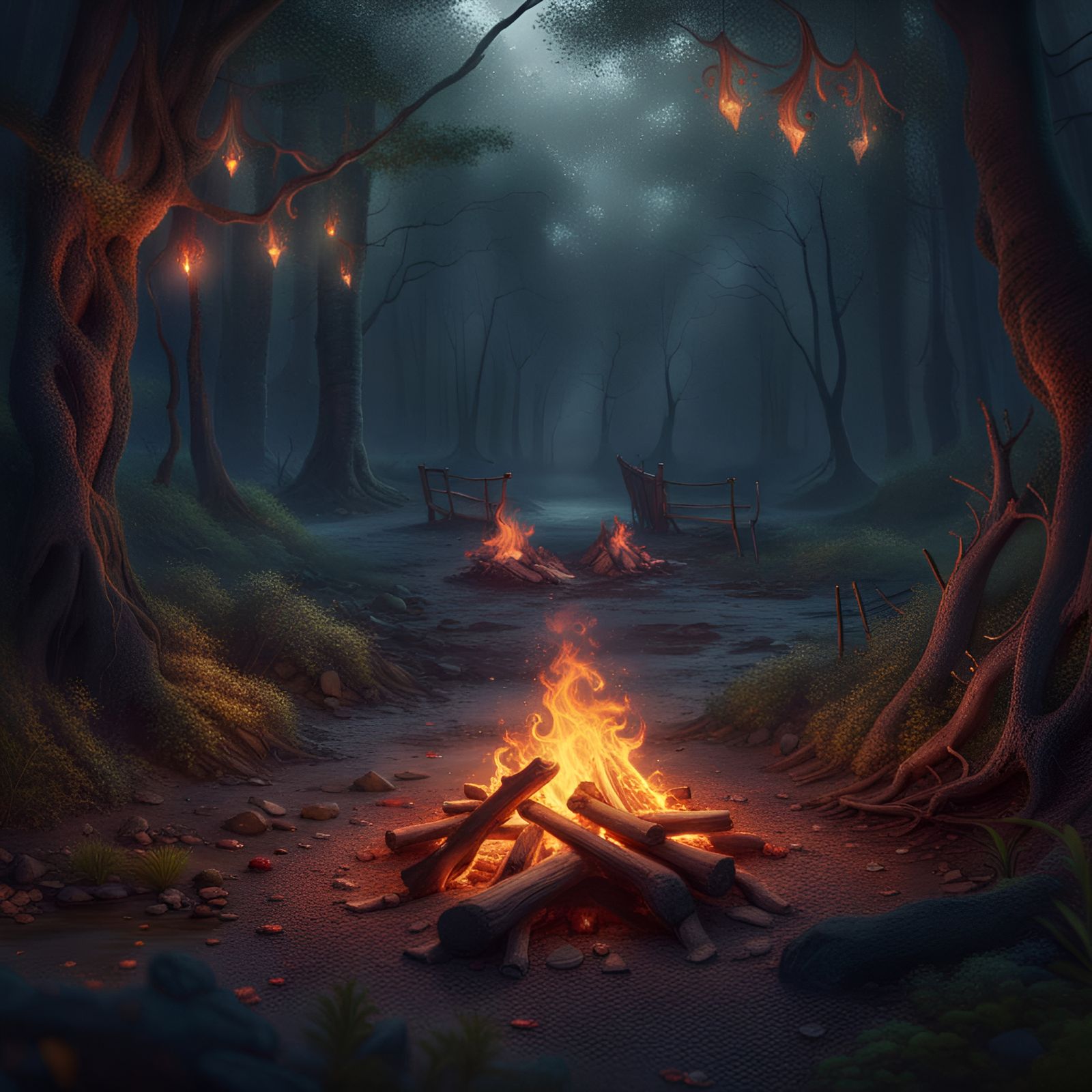 Campfire Lit Near a Forest Road