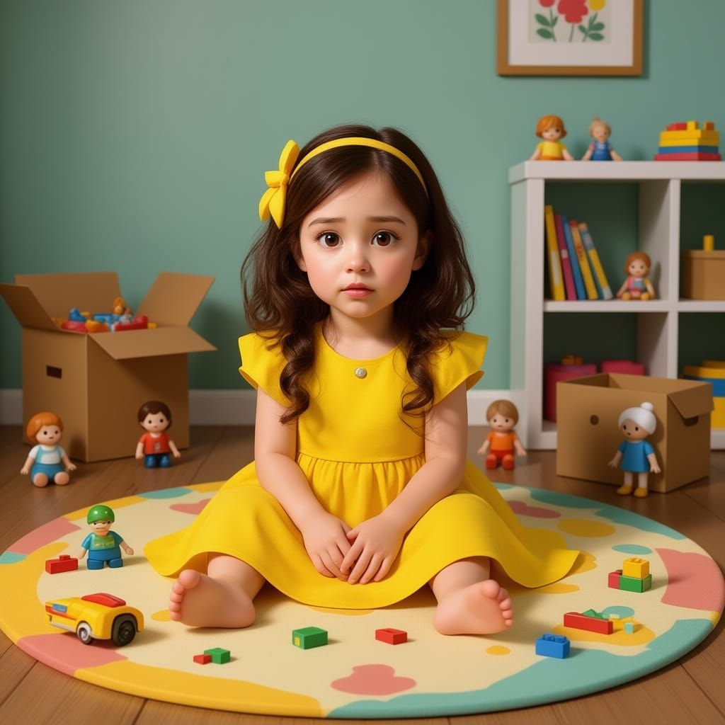Bored Girl Surrounded by Toys: Whimsical Illustration